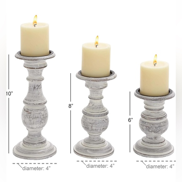 NIB set of three mango wood rustic white pillar candle holders by Deco 79 - Picture 8 of 8